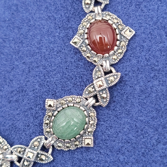 Vintage Sterling Silver Egyptian Revival Scarab Carved Gemstone Bracelet Size 7 - Picture 3 of 8